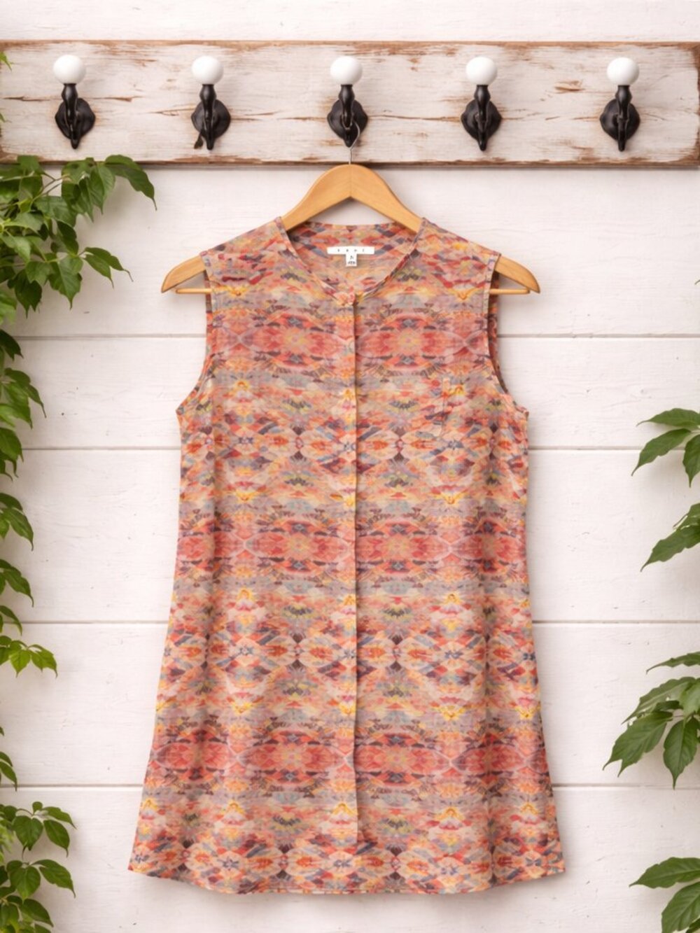 CAbi Women’s MEDIUM Blouse Sheer Multi-Colored Button Down Sleeveless Shirt